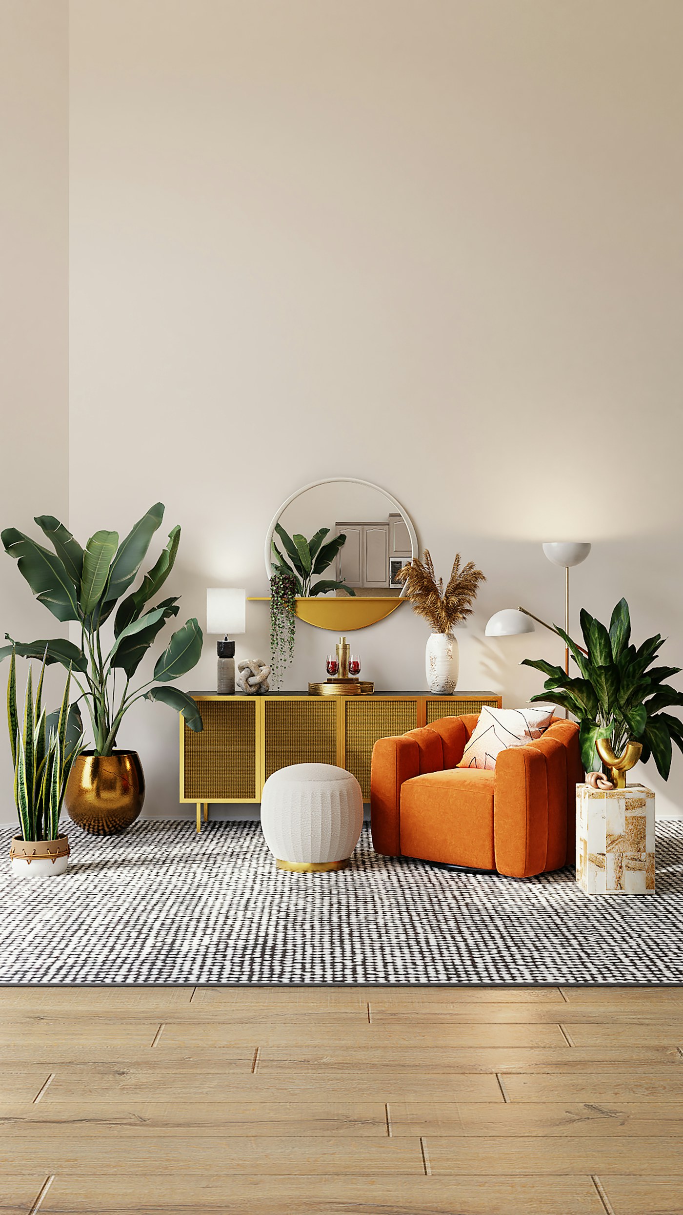 Détail vertical d’un intérieur chaleureux avec matières naturelles.
