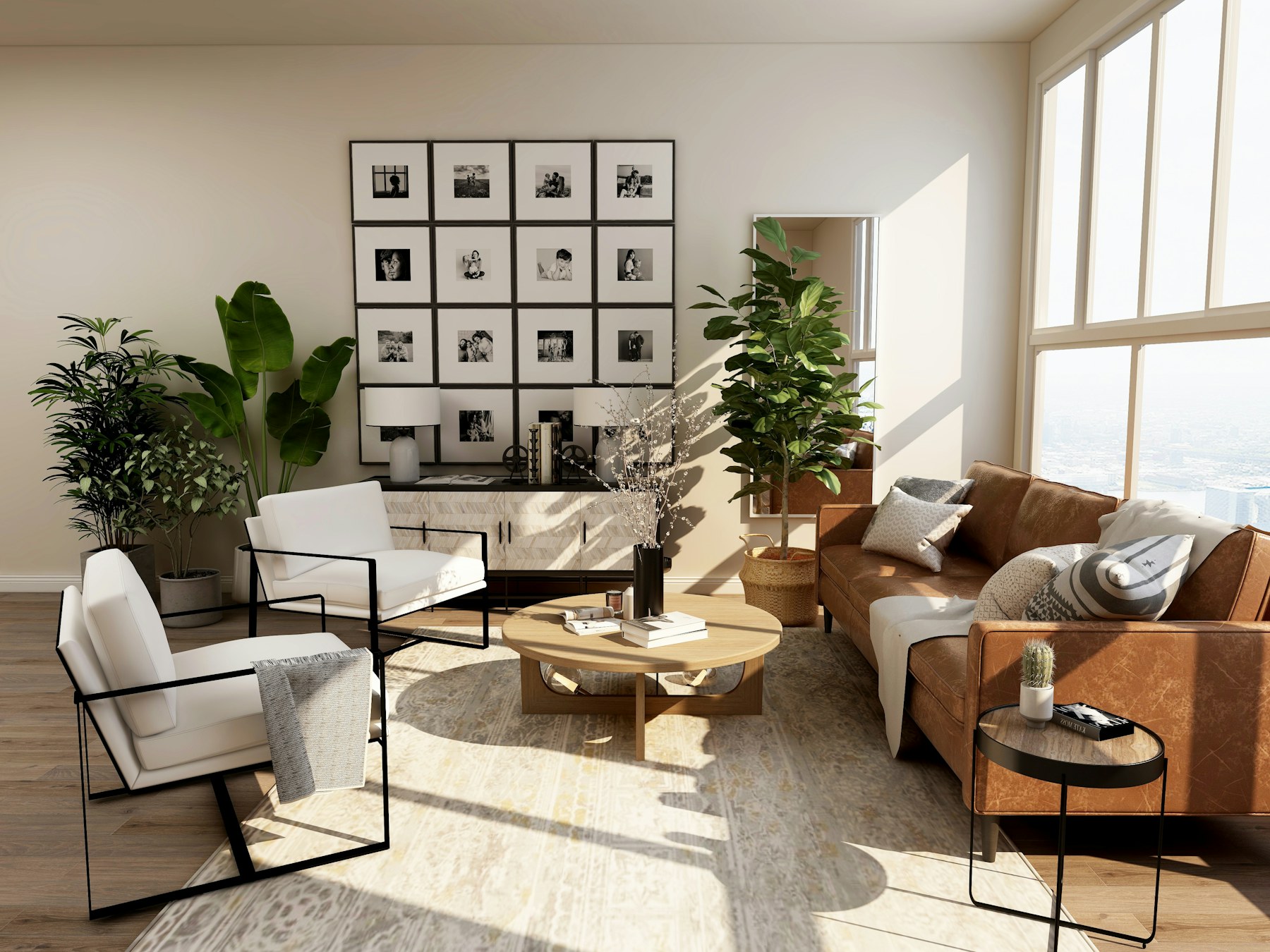 Salon haut de gamme baigné de lumière avec assises, plantes et détails décoratifs.