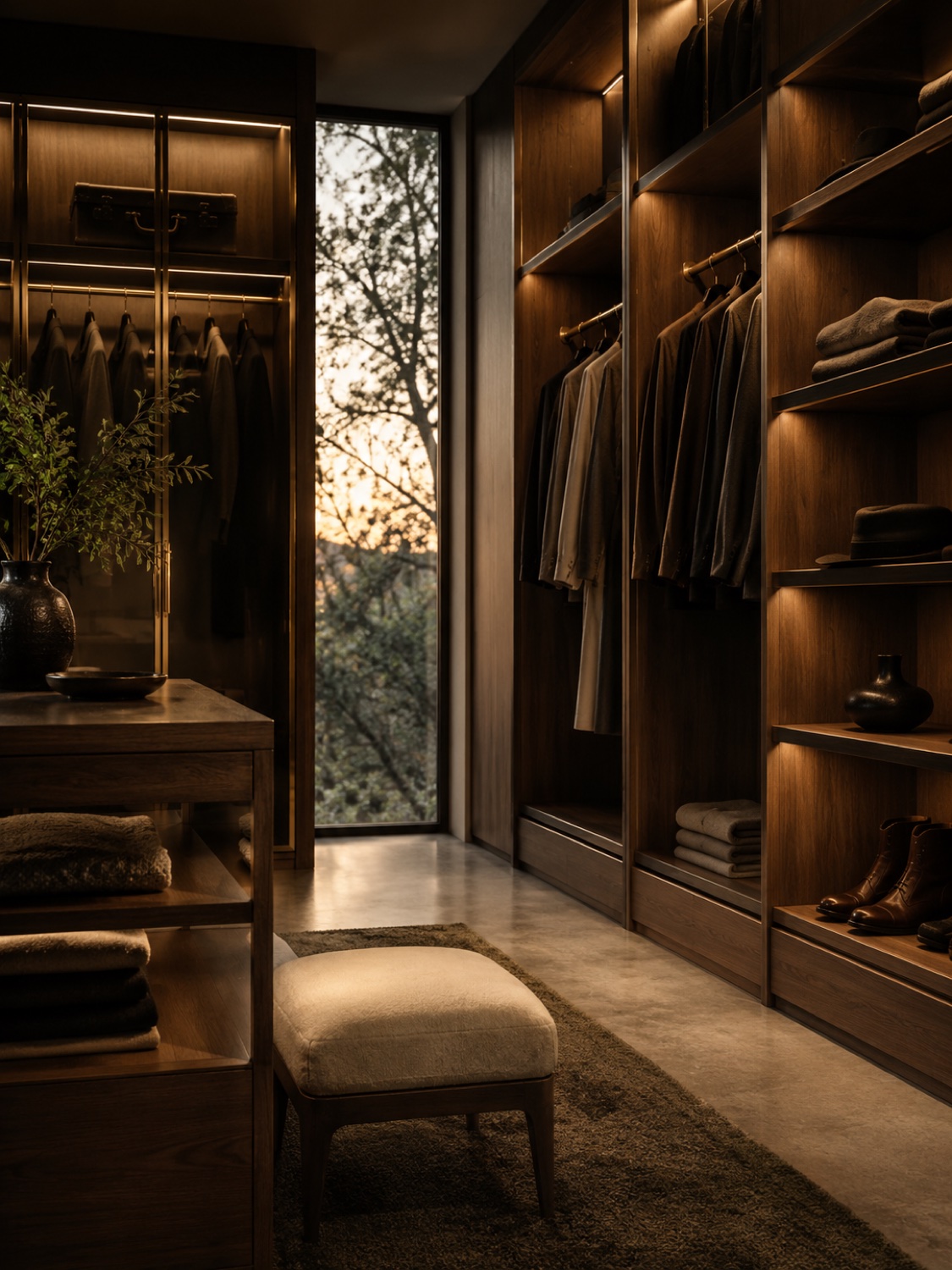 Dressing walk-in chaleureux avec éclairage intégré et fenêtre sur jardin