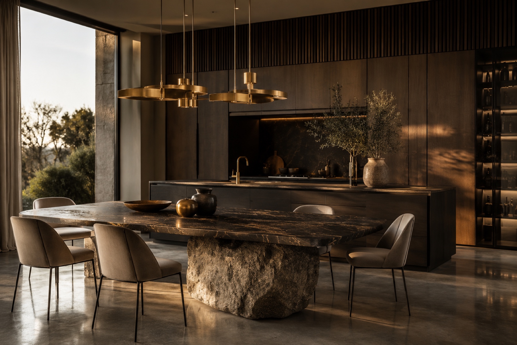 Cuisine sur-mesure NEO LIVING avec îlot sculptural, marbre et lumière chaude