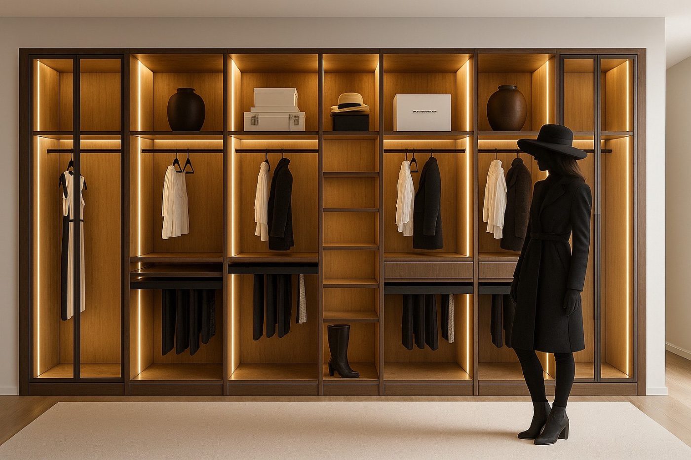 Dressing walk-in en chêne, éclairage intégré