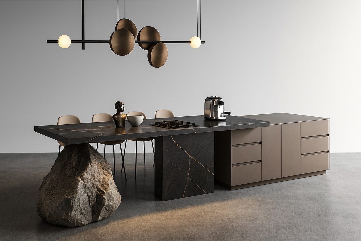 Îlot sculptural NEO LIVING utilisé comme référence de finition haut de gamme