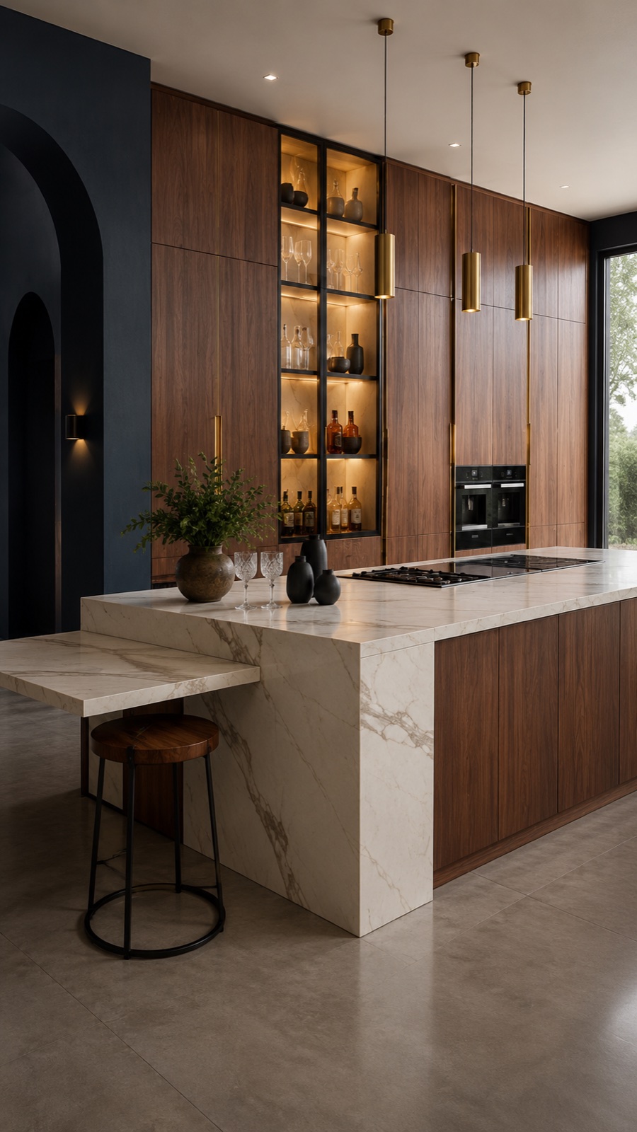 Cuisine noire avec cave à vin et éclairage showroom