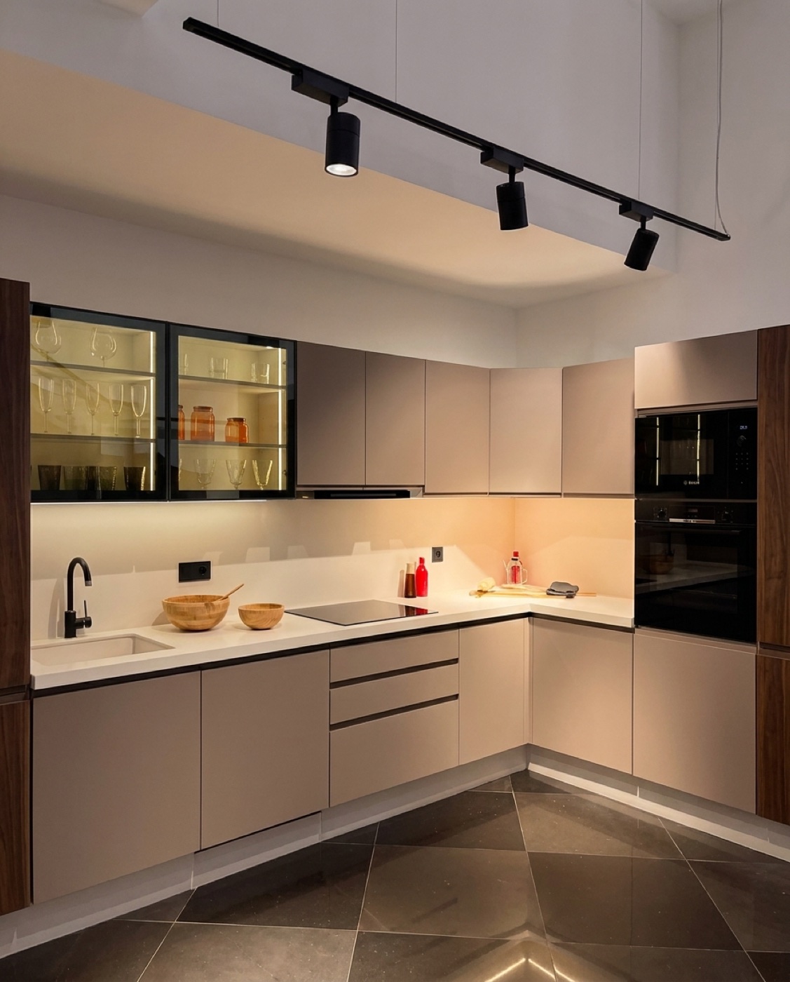 Cuisine d'angle lumineuse avec rail spots